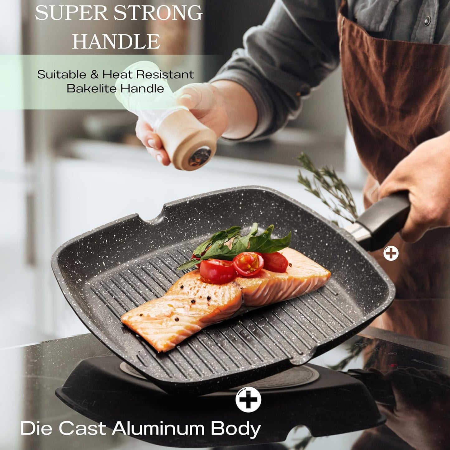 Moss & Stone Aluminum Nonstick Grill Pan for Stove Tops, Versatile Griddle Skillet with Pour Spouts, 11 Inch Square Grill Pan Big Cooking Surface, Durable Skillet For Indoor Cooking & Outdoor Grilling