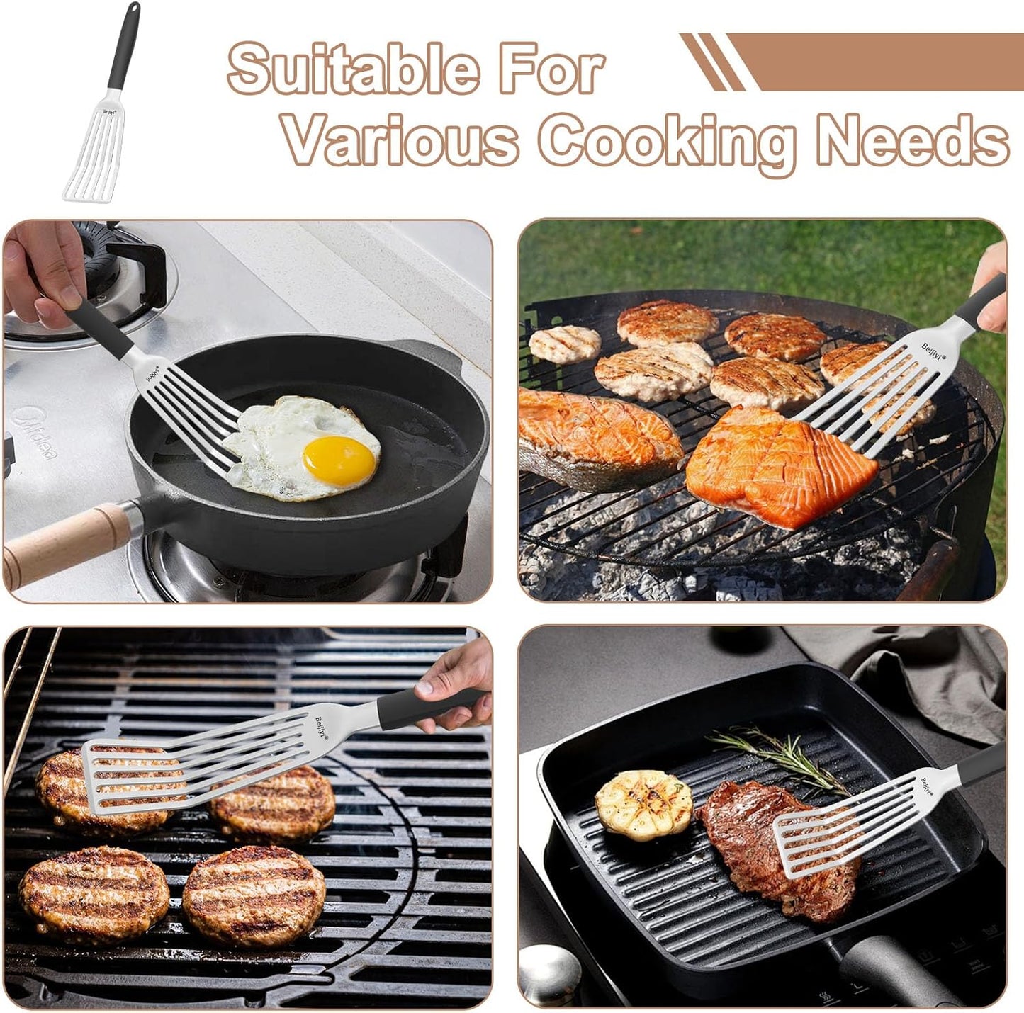 Beijiyi Fish Spatula Stainless Steel, 13.5" Large Metal Fish Spatula for Cast Iron Skillet Cooking and Grilling, Kitchen Slotted Turner with Full Tang Silicone Handle and Curved Blade