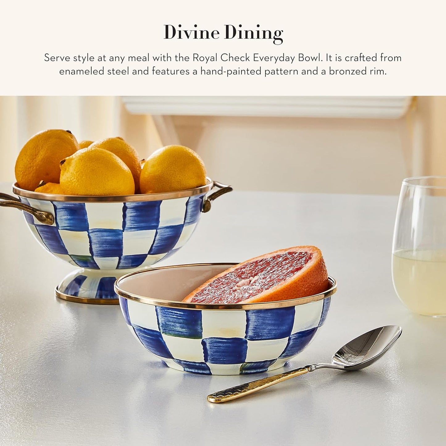 MACKENZIE-CHILDS Enamel Everyday Bowl, Serving Bowl for Entertaining, Extra Small, Blue-and-White Royal Check