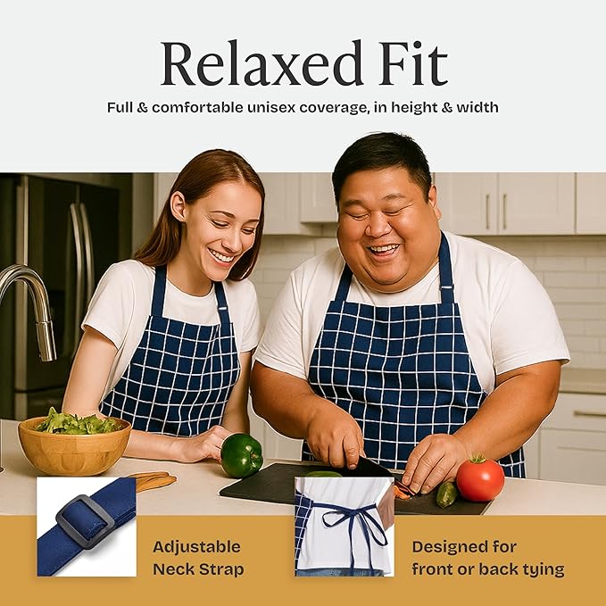 Will Well Kitchen Apron for Men and Women - 33" x 27" Oil-and-Water-Resistant with Adjustable Neck Strap and 38" Waist Ties for a Snug Fit, Lightweight with 2 Front Pockets - 1-Pack, Navy Checkered