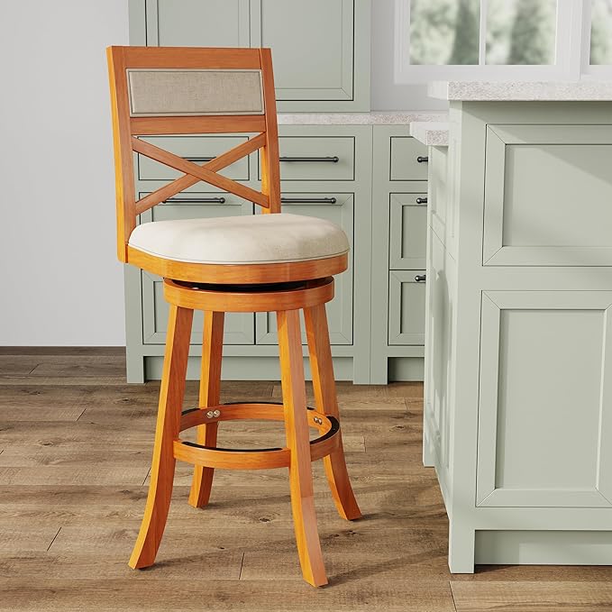 DTY Indoor Living Meeker X Back Fabric Swivel Stool, 30” Bar Height, Natural Finish, Beige Fabric Seat