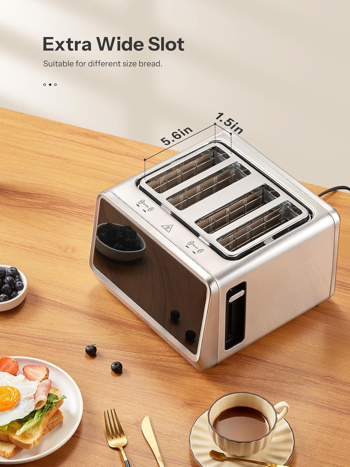 Yabano 4-Slice Toaster with Smart Touch Control, 6 Shade Levels & 6 Bread Settings, Extra Wide Slot for Bagels/English Muffins, Compact Design with Removable Crumb Tray