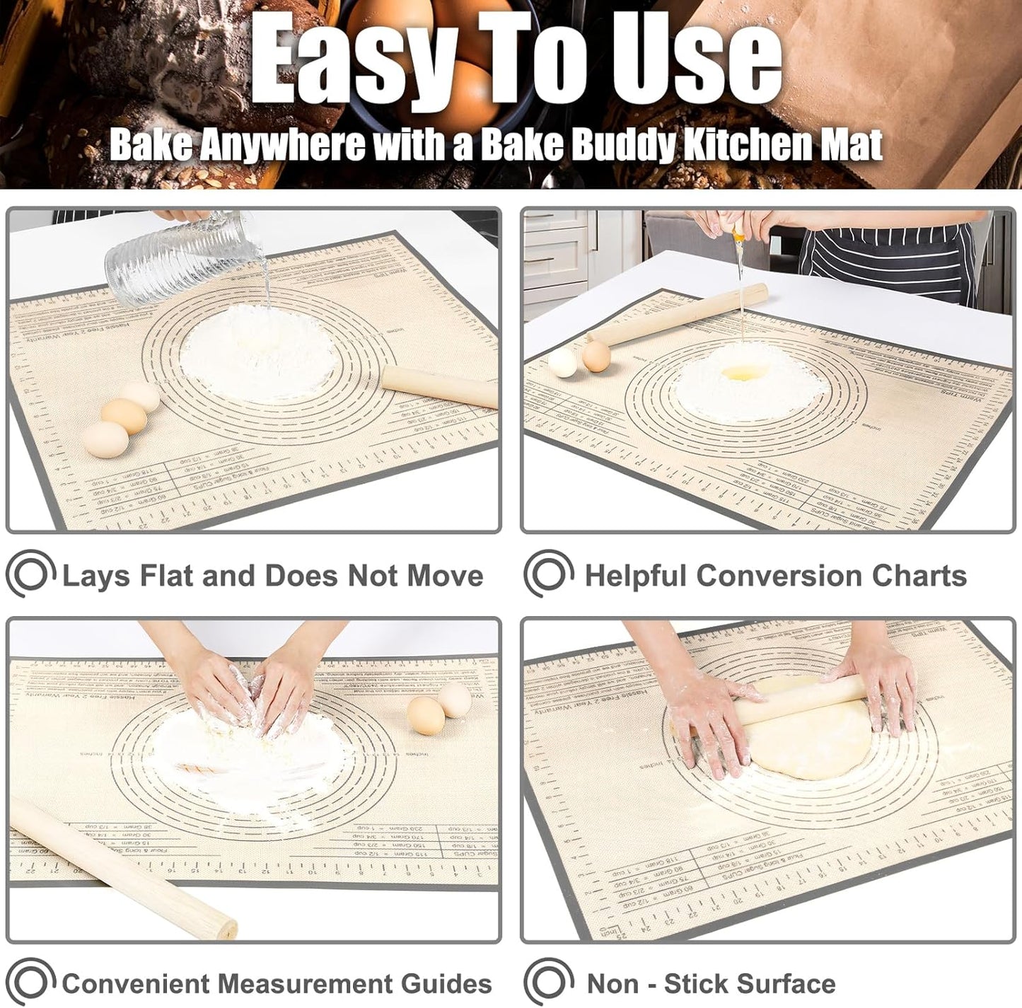 Non-slip Silicone Pastry Mat 28X20 inches Baking Mat with Measurement, Perfect for Dough, Pastry, Pie Crust, Fondant, Cookies, Bread, Pasta, Pizza, Food Grade Kitchen Counter Mats