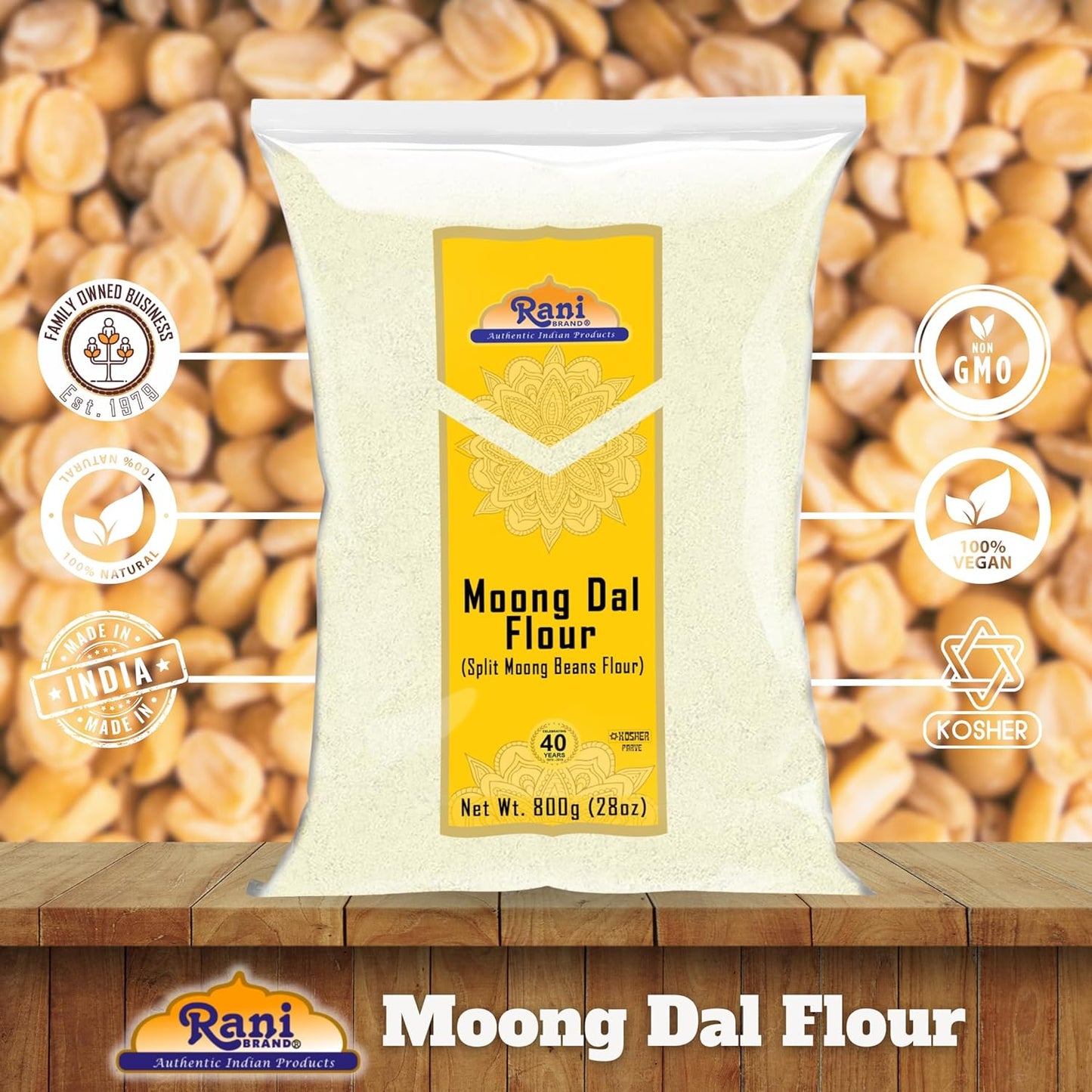 Rani Moong Flour (Mung Bean Flour, Green Gram Flour) 28oz (1.75lbs) 800g ~ All Natural | Vegan | Gluten Friendly | NON-GMO | Kosher | Indian Origin