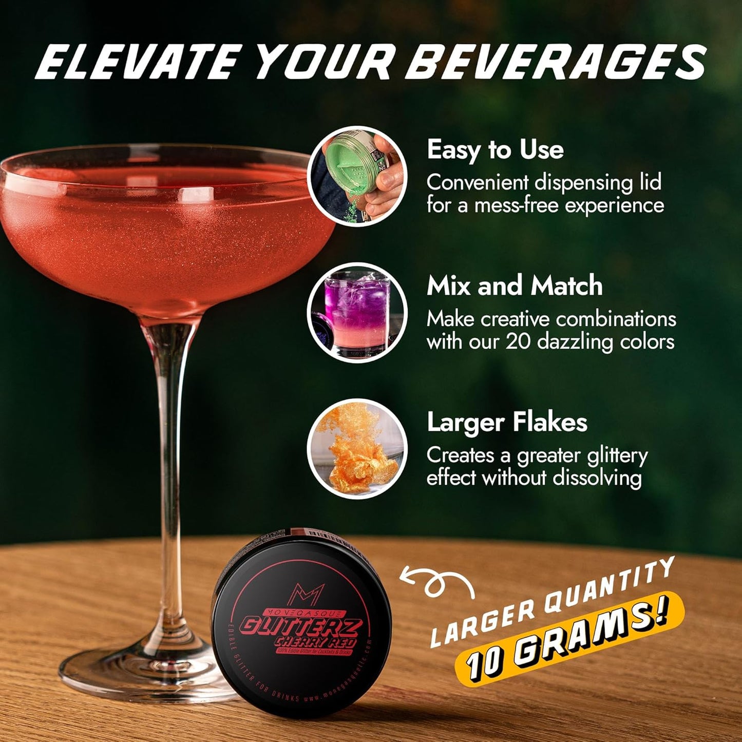 MONÉGASQUE Cherry Red Edible Glitter for Drinks 10g – Red Edible Glitter for Cakes & Cupcakes - Champagne & Cocktail Drink Shimmer Flakes - Halloween Food Decorating Sprinkles & Cake Decorations Spray