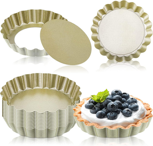 Tessco 16 Pieces Mini Tart Pans with Removable Bottom Nonstick Quiche Mini Pie Tart Pans Bakeware Mold Fluted Side for Pies(Gold Round,4 Inch)