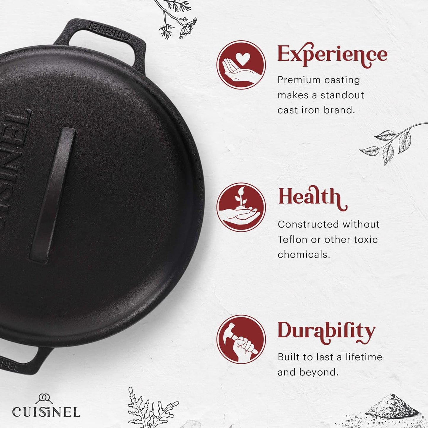 Cuisinel Cast Iron Dutch Oven - 7-Quart Deep Pot + Lid + Pan Scraper + Handle Covers - Large Pre-Seasoned Cooker for Baking Bread, Soup, Frying - Indoor/Outdoor Kitchen, Camping, Fire, BBQ Safe