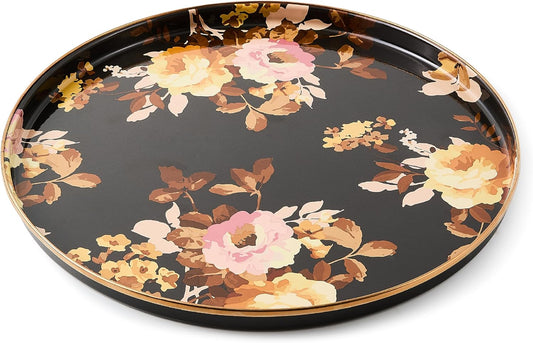 MACKENZIE-CHILDS Enamel Round Tray, Unique Serving Platter for Food and Drinks, Wild Rose Brown
