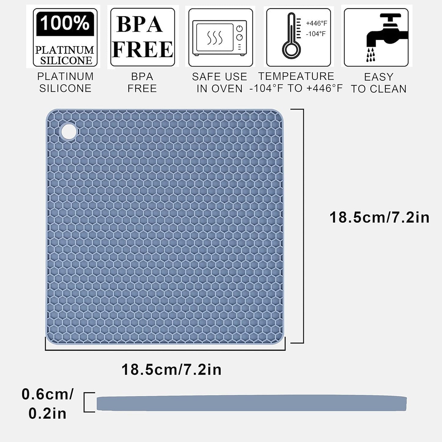 4 Pack Silicone Trivet Mat, Silicone Trivets for Hot Pots and Pans, Non-Slip & Heat Resistant Silicone Hot Pad for Kitchen Counter Mat Set, Soft Drying Mat, Jar Opener and Coasters, Square, Blue