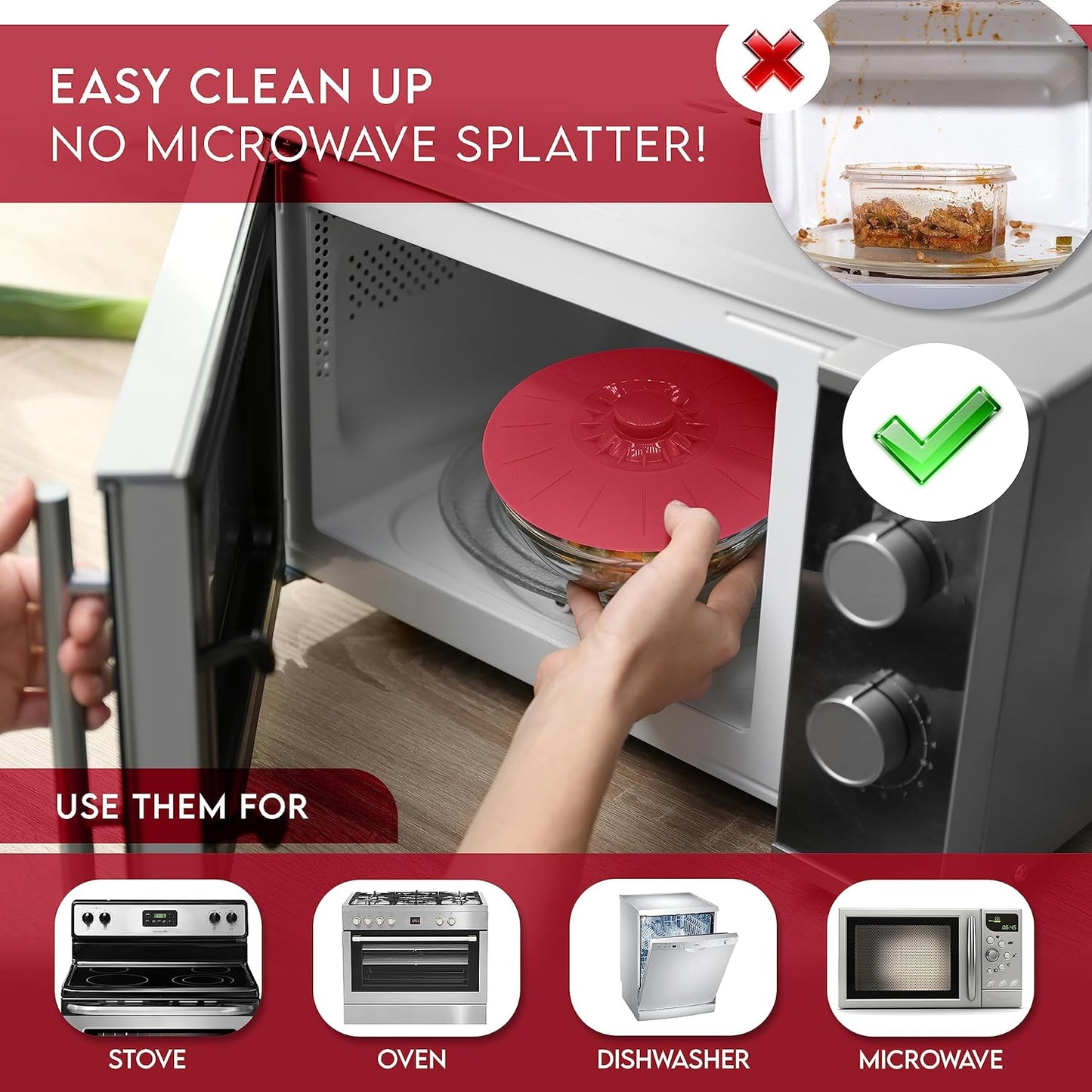 Silicone Bowl Lids Red, Set of 5 Reusable Suction Seal Covers for Bowls, Pots, Cups. Food Safe Natural grip, interlocking handles for easy use and storage.