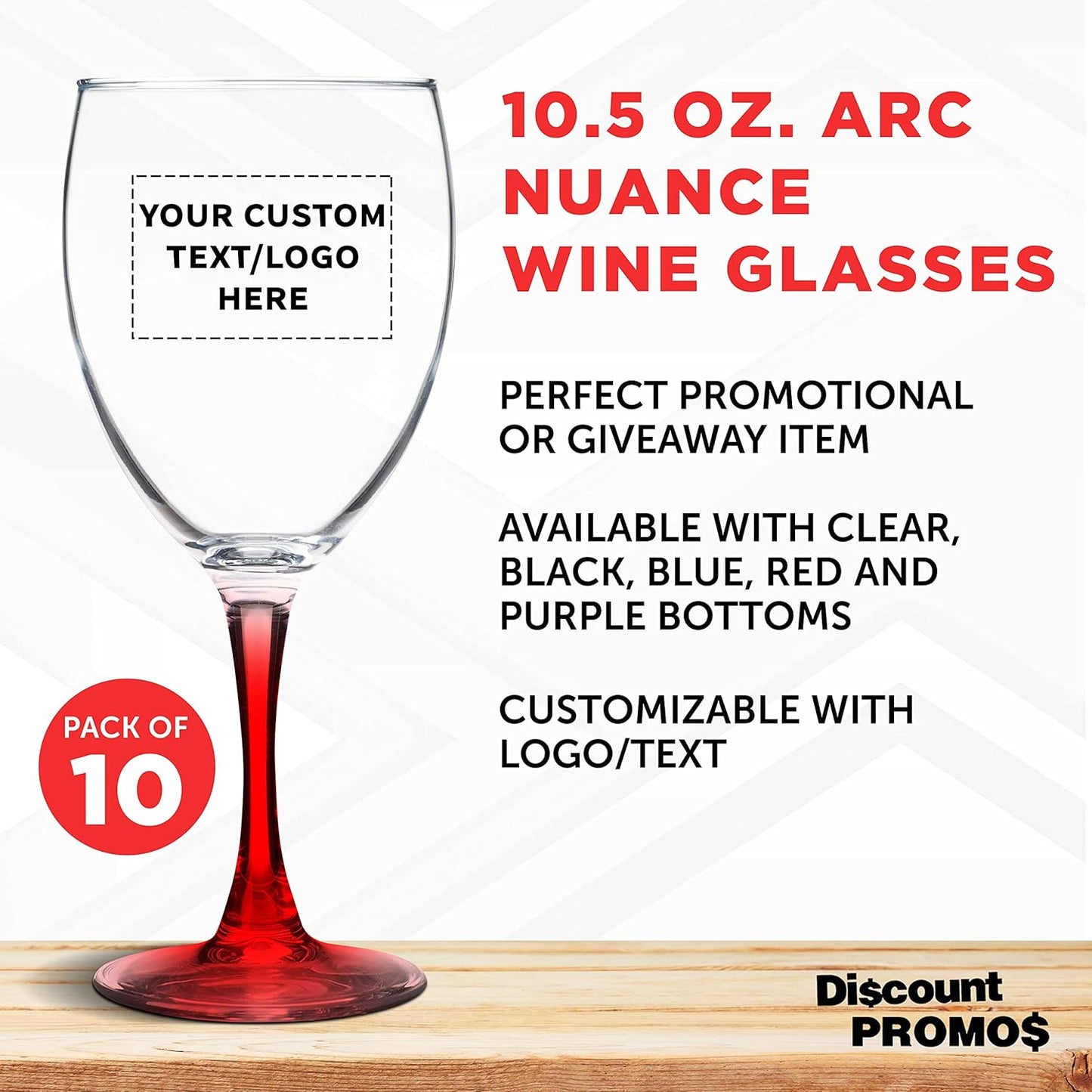 Custom Nuance Wine Glasses by ARC 10.5 oz. Set of 10, Personalized Bulk Pack - Restaurant Glassware, Perfect for Red Wine, White Wine, Cocktails - Red
