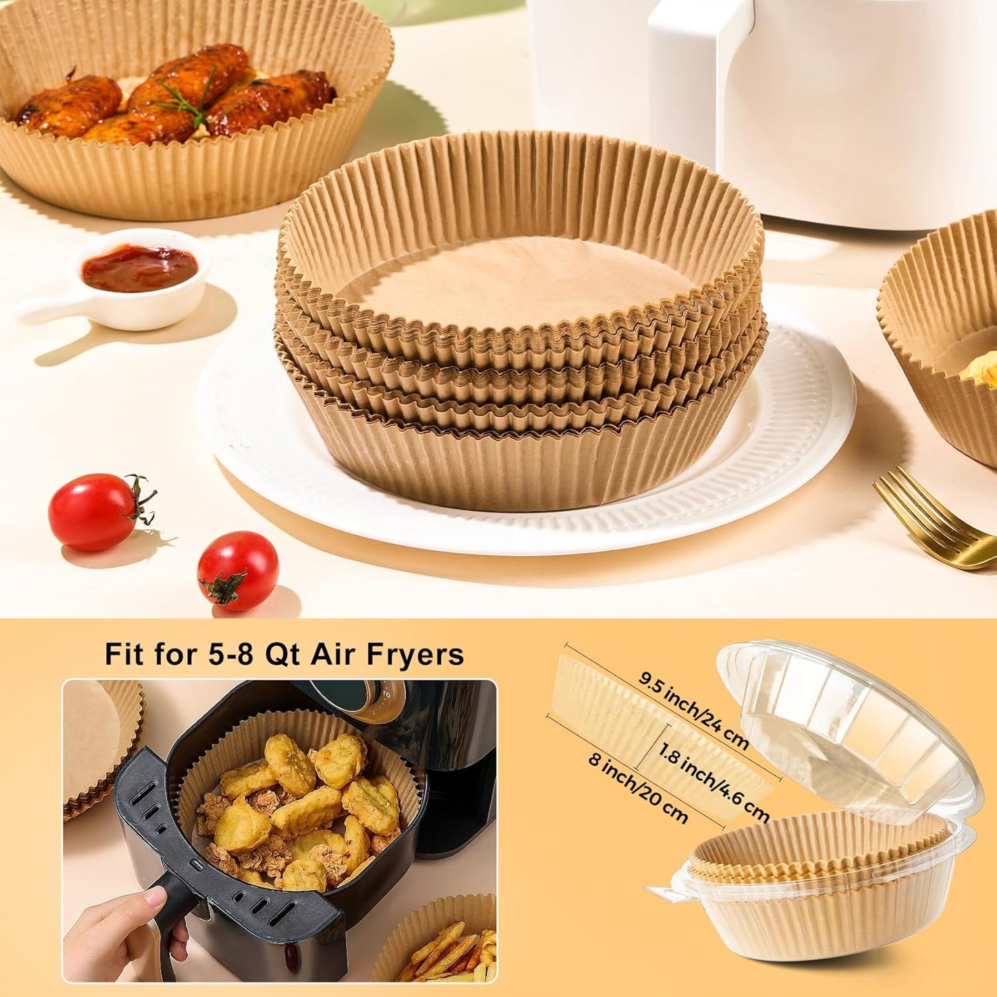 Air Fryer Liners Disposable - 150Pcs 8In Round Parchment Paper for Air Fryer Non-Stick Airfryer Basket Liners for Steamer Microwave Oven