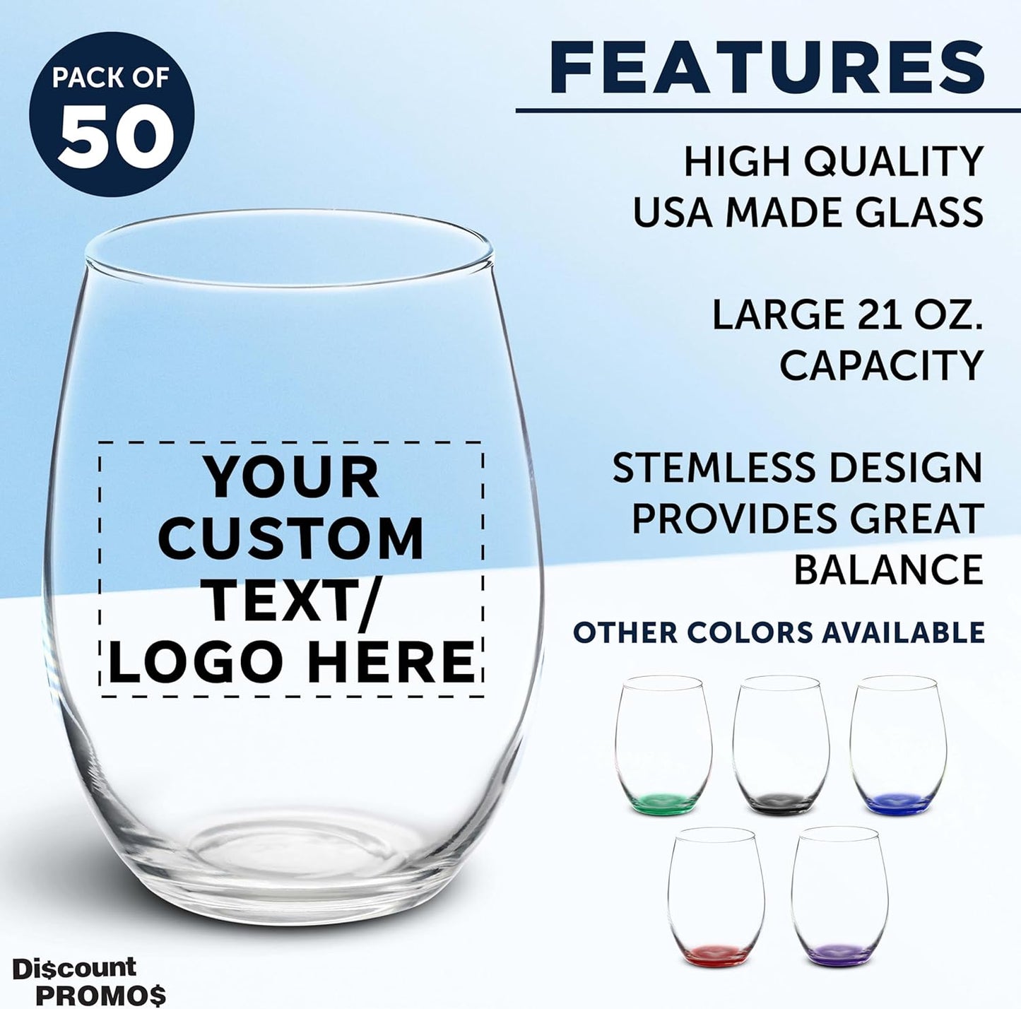 DISCOUNT PROMOS 50 ARC Stemless Wine Glasses Set, 21 oz. - Customizable Text, Logo - Chardonnay, Cabernet, Merlot, Sauvignon - Clear