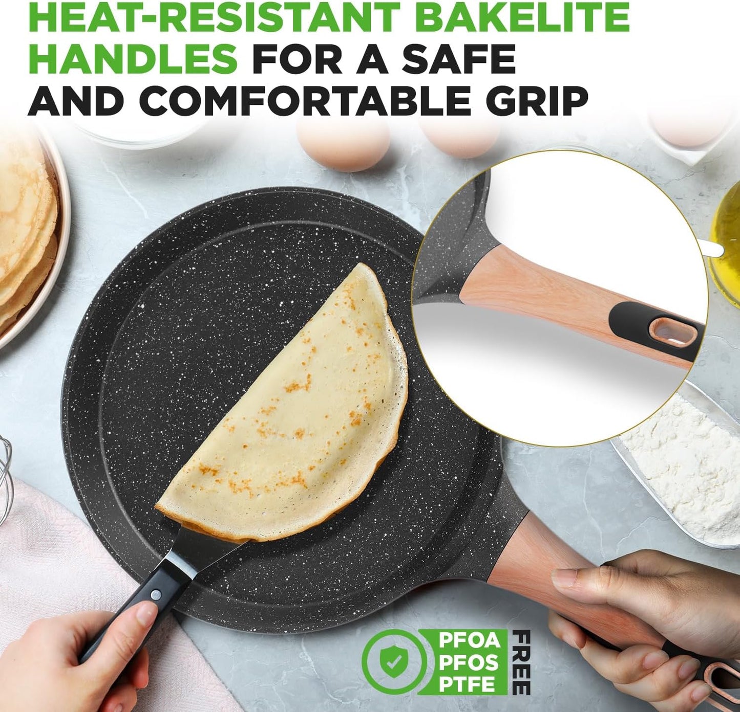 NutriChef 9.45” Non-Stick Crepe Pan with Wooden Spreader, Durable Marble Coated Dosa Pan, Bakelite Handle and Induction Bottom, PFOA/PFOS Free, Dishwasher Safe, Even Heat Distribution (Black Marble)