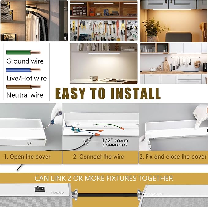Ansen Hardwired Under Cabinet Lighting, 18inch 15W LED Light for Kitchen/Closet, 998.4lm, CRI>92, R9>90, Dimmable, 3 Color Temperature, 3000K/4000K/5000K(Warm White, Cool White, Daylight)