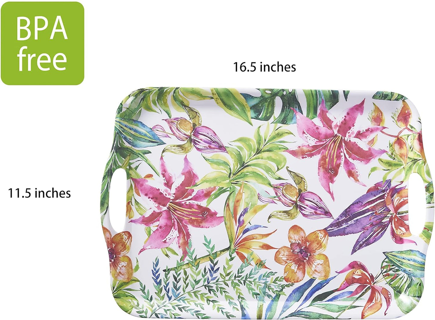 Blue Boat 16.5" x 11.5" Rectangular Serving Trays Set of 2 Floral, Light Weight Easy to Clean Sturdy Stackable Melamine Serving Tray with Handle, Fruit, Snacks, and Desserts Trays