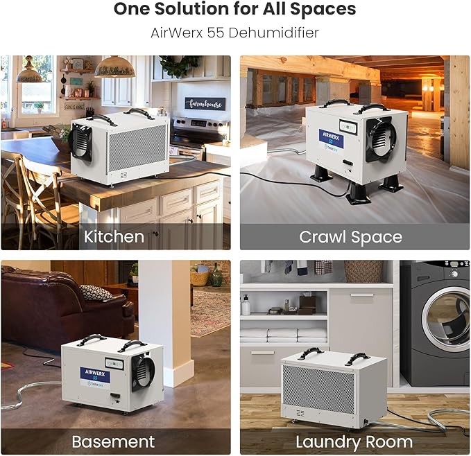 BaseAire Crawlspace Dehumidifier,113 Pints Commercial Dehumidifiers with Drain Hose for Whole House Basement, Industry, Compact, Auto Defrost, Memory Starting, Up to 1200 Sq Ft
