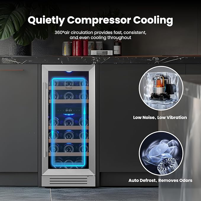 Yeego 15 Inch Dual Zone Wine Fridge, 28 Bottles Wine Cool Refrigerator with Glass Door, Built-in/Freestanding/Under Counter, Ideal for Home & Kitchen