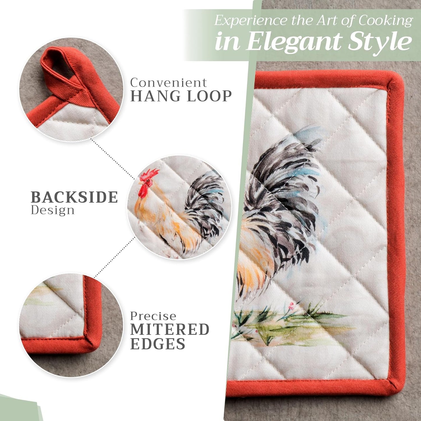 Maison d' Hermine 100% Cotton Oven Mitt & Pot Holder Set (7.5"x13" & 8"x8") Heat Resistant BBQ Cooking Gloves with Loop, Baking, Grilling, Kitchen, Handling Hot Pans Spring/Summer (Campagne)