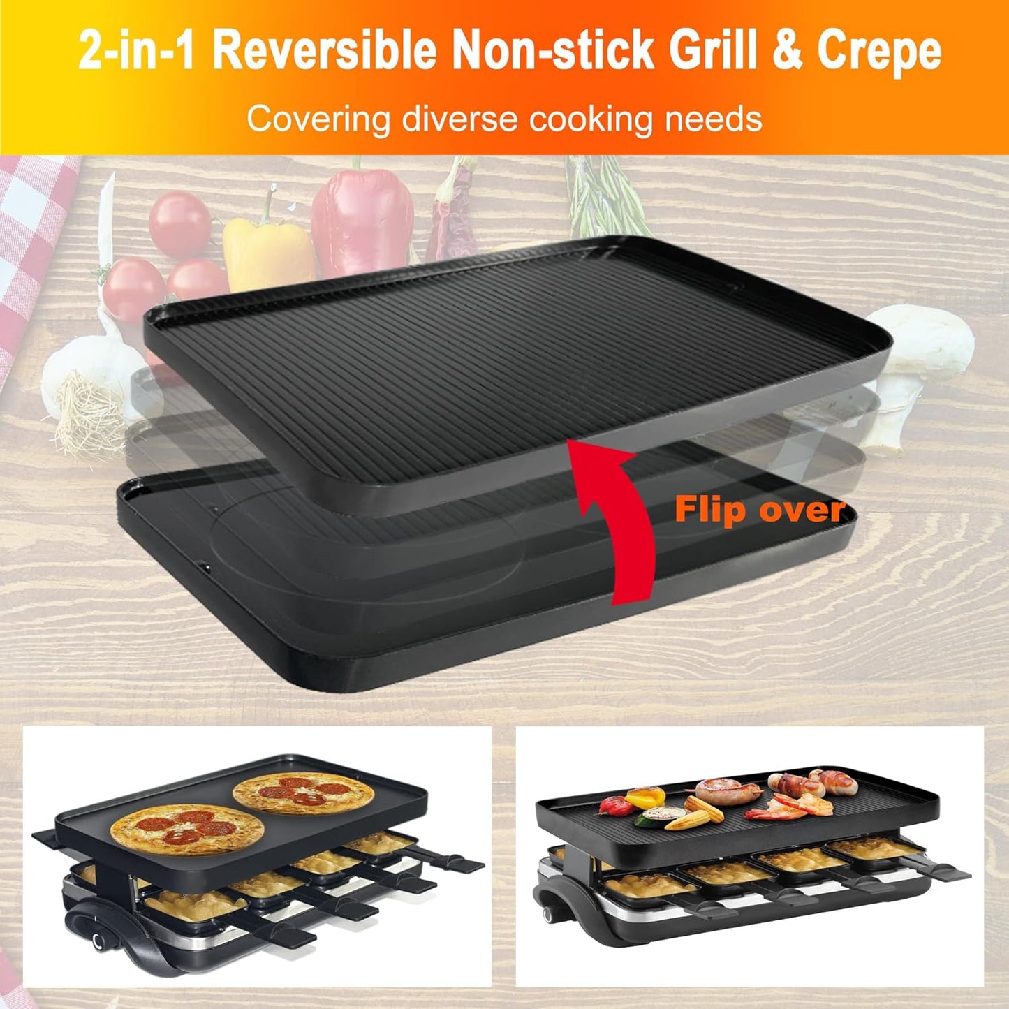 TAMARIT Classic 8 Person Raclette Grill 1500W Electric Tabletop Grill with Reversible Plate, 8 Non-Stick Raclette Trays & Spatulas Indoor Portable Korean BBQ Barbecue Grill, Party Grill Black