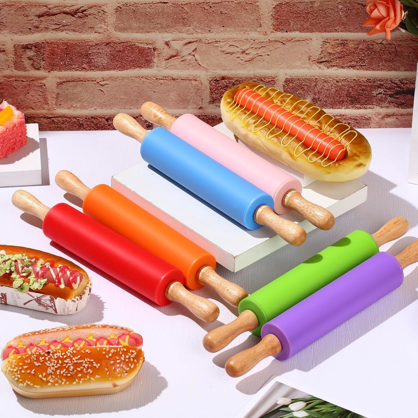 Dandat Small Rolling Pin Kids 12 Inch Mini Silicone Rolling Pin for Baking Non Stick Kids Dough Roller with Wooden Handle for Kitchen Cookie Pastry Fondant Cake 6 Colors (12 Pcs)