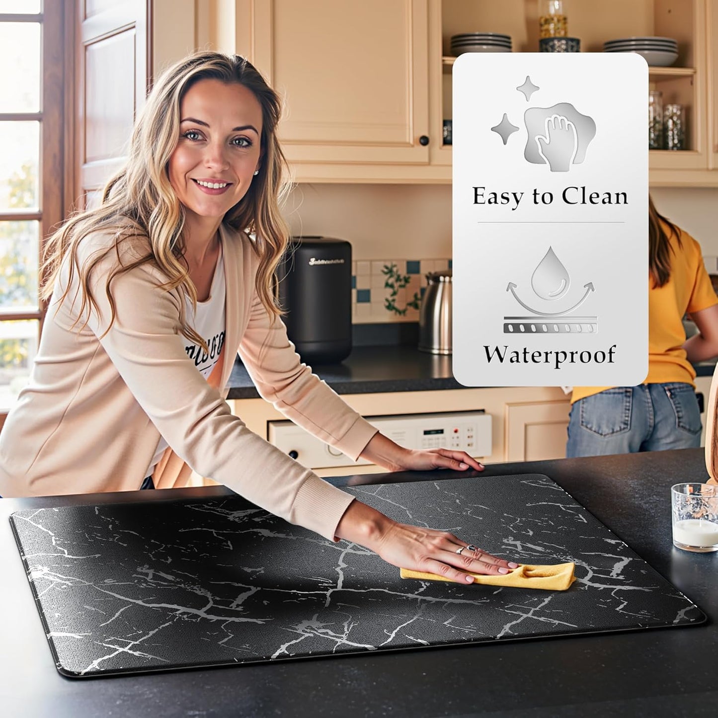 Silver Foil Stamped Marble Kitchen Mats for Floor 2PCS Cushioned Anti Fatigue Non Slip Waterproof Comfort Leather Kitchen Rugs 2/5 Inch PVC Kitchen Mats for Sink, Laundry, 17.3"x28"+17.3"x47", Black