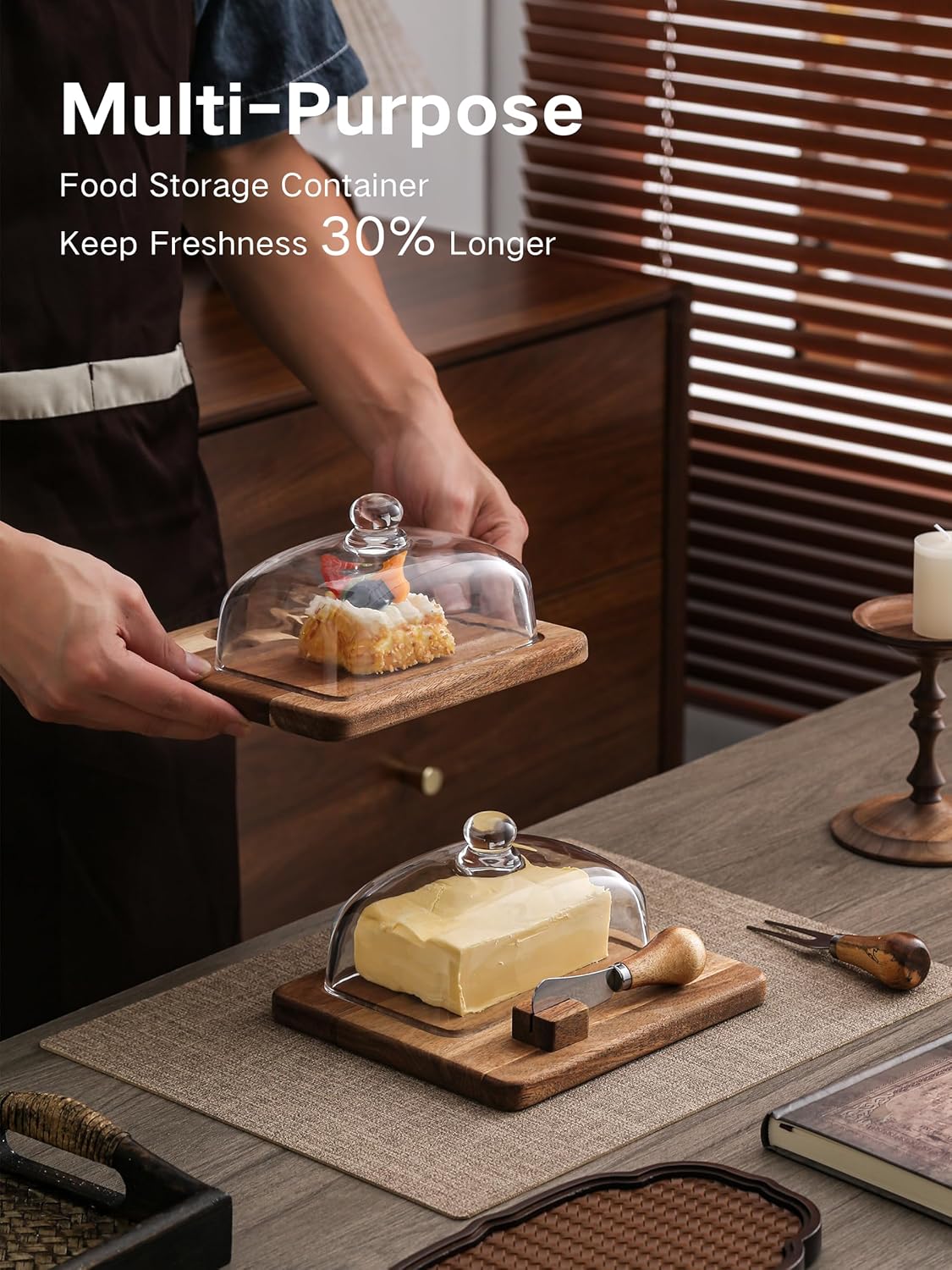 Large Glass bamboo Butter Dish with knife,Large Butter Dish for Countertop,Thick Sealed Glass Lid,Butter Dishes with Lid for West/East Coast Butter,Kitchen Decor and Gifts,Dishwasher Cleanable