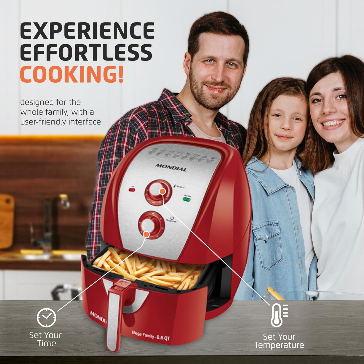 Air Fryer - 8.6 Quart Extra-Large Air Fryer, 2 Simple Dial Controls, 1800 Watts - Quick Heat Circulation Technology, Low Fat Cooking Less Calories - Removable Squared Basket - Red