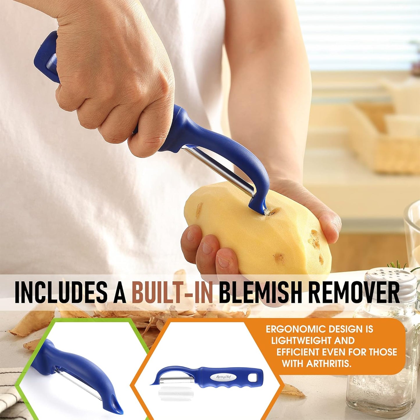 Spring Chef Stainless Steel Swivel Vegetable Peeler for Kitchen, Dishwasher Safe Potato Peelers with Comfortable Handle & Sharp Blades, Great for Apple, Carrot, Veggie, Fruit - Set of 2 - Sapphire