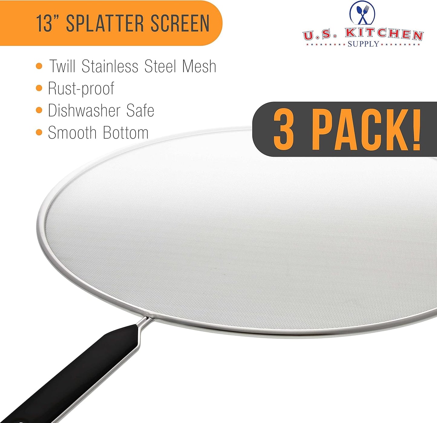 U.S. Kitchen Supply 3-Piece Stainless Steel Splatter Guard Set 13" Fine Mesh Cover, Grease & Oil, Splatter Screen for Frying Pan, Cooking Pots, with Comfort Grip Handles