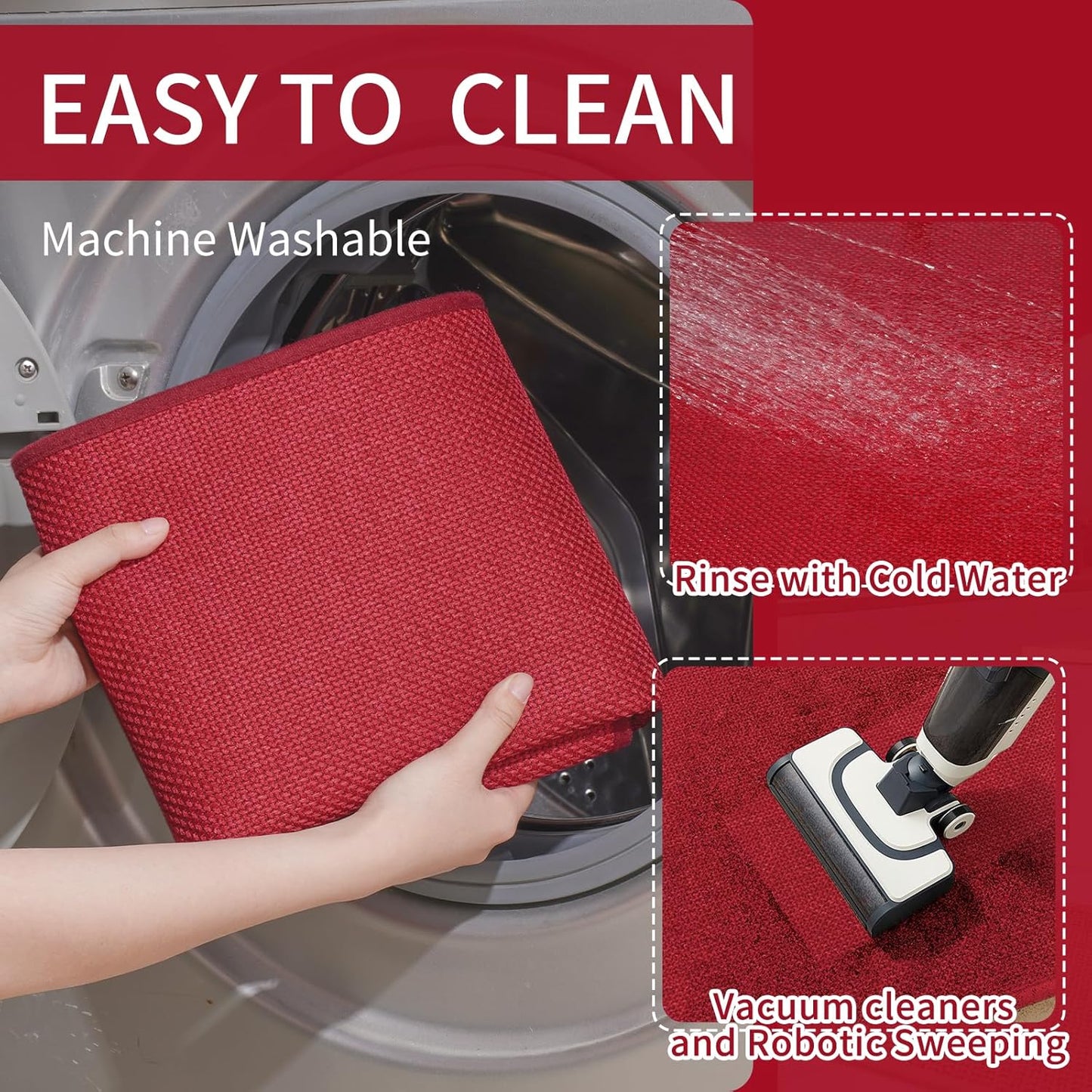 Kitchen Mats for Floor, Super Absorbent Kitchen Rugs Non Slip Washable, Soft Imitation Linen Braided Kitchen Runner Rug, Standing Mat Kitchens Sink Mat, Easy to Clean, Red 17x47