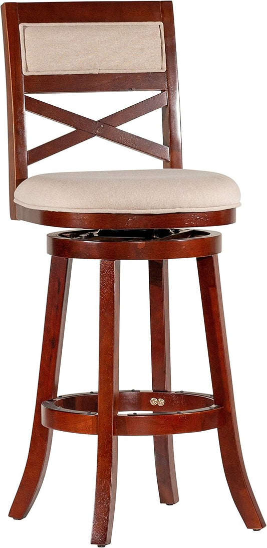 DTY Indoor Living Meeker X Back Fabric Swivel Stool, 30" Bar Height, Cherry Finish, Beige Fabric Seat