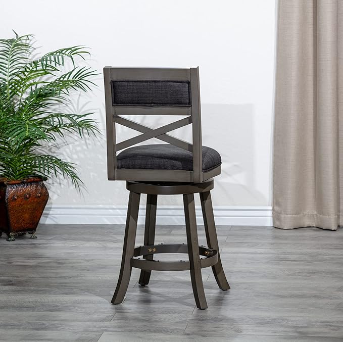 DTY Indoor Living Meeker 24 Inch Counter Height Bar Stools with Backs - Wooden Swivel Counter Stools for Kitchen Island - Charcoal Fabric Seat, Solid Wood Frame, Weathered Gray Finish