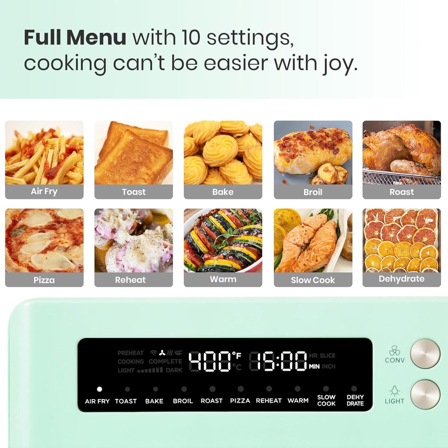 Retro Style Infrared Heating Air Fryer Toaster Oven, Extra Large Countertop Convection Oven 10-in-1 Combo, 6-Slice Toast, Enamel Baking Pan Easy Clean with Recipe Book, Green Color
