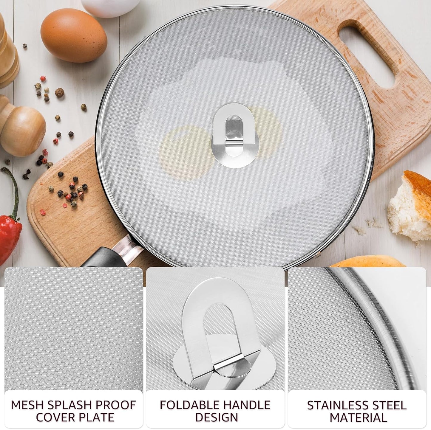 3PCS Stainless Steel Splatter Guard, 9.8" 11.4" 13" Frying Pan Splatter Screens, Fine Mesh Splash Proof Oil Splash Guard with Foldable Handle, Oil Proofing Lids Cooking Protector for Frying Cooking
