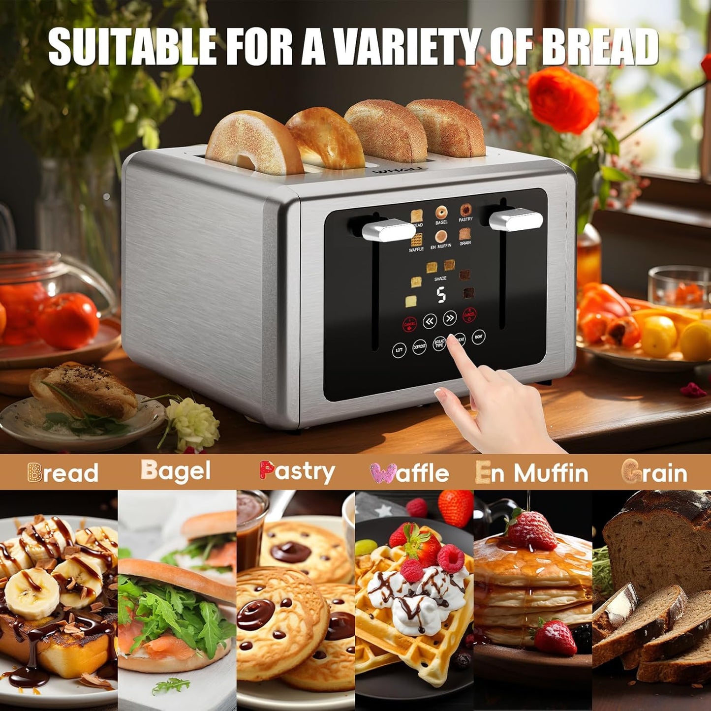 whall 4 Slice Touch Screen Toaster, Stainless Steel Toasters Digital Timer, Dual Control Panel Toasters，6 Shade Settings＆6 Bread Types, Smart Wide Slots, Bagel, Cancel, Defrost,White