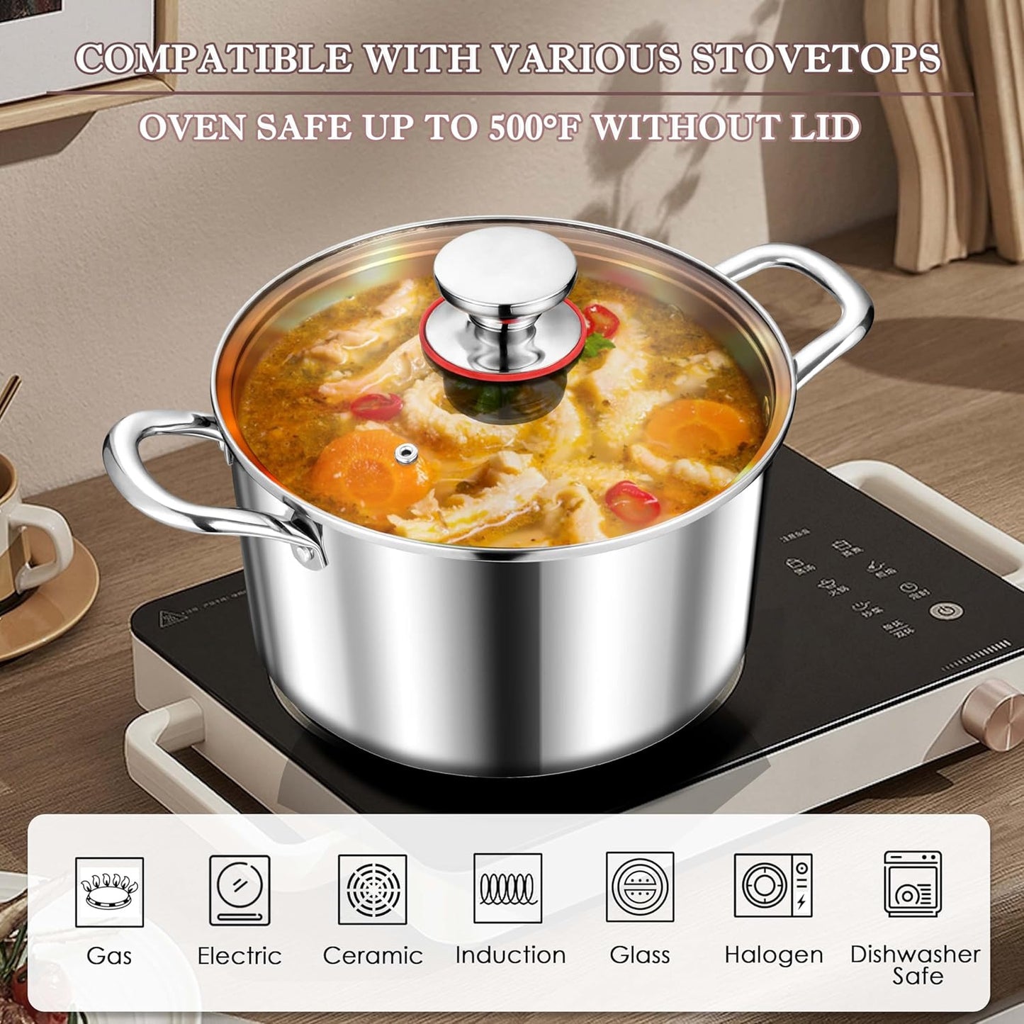 Herogo 7.3 Quart Stock Pot, 18/10 Stainless Steel Cooking Pot with Lid, 7.3 QT Pasta Stockpot with Handles, Tri-Ply Stockpot for Induction Gas Electric Stove, Dishwasher Safe