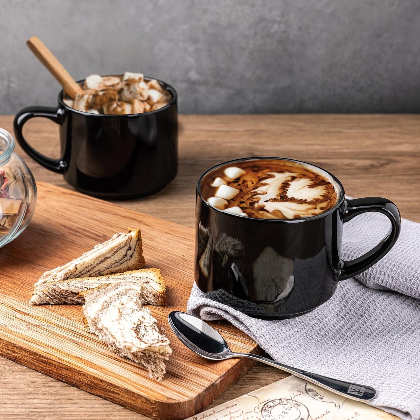 GBHOME 14 OZ Coffee Mugs Set of 6, Stackable Ceramic Mugs for Men, Women, Modern Coffee Cups for Latte,Tea, Cappuccino. Dishwasher & Microwave Safe, Black