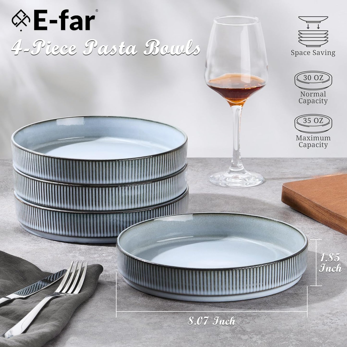 E-far Pasta Bowls Set of 4, 35oz Large Salad Bowl Plate for Dinner Serving Soup, Wide & Shallow Ceramic Stoneware Pasta Plates, Microwave & Dishwasher Safe, Reactive Glaze Textured Stripes, Dusty Blue