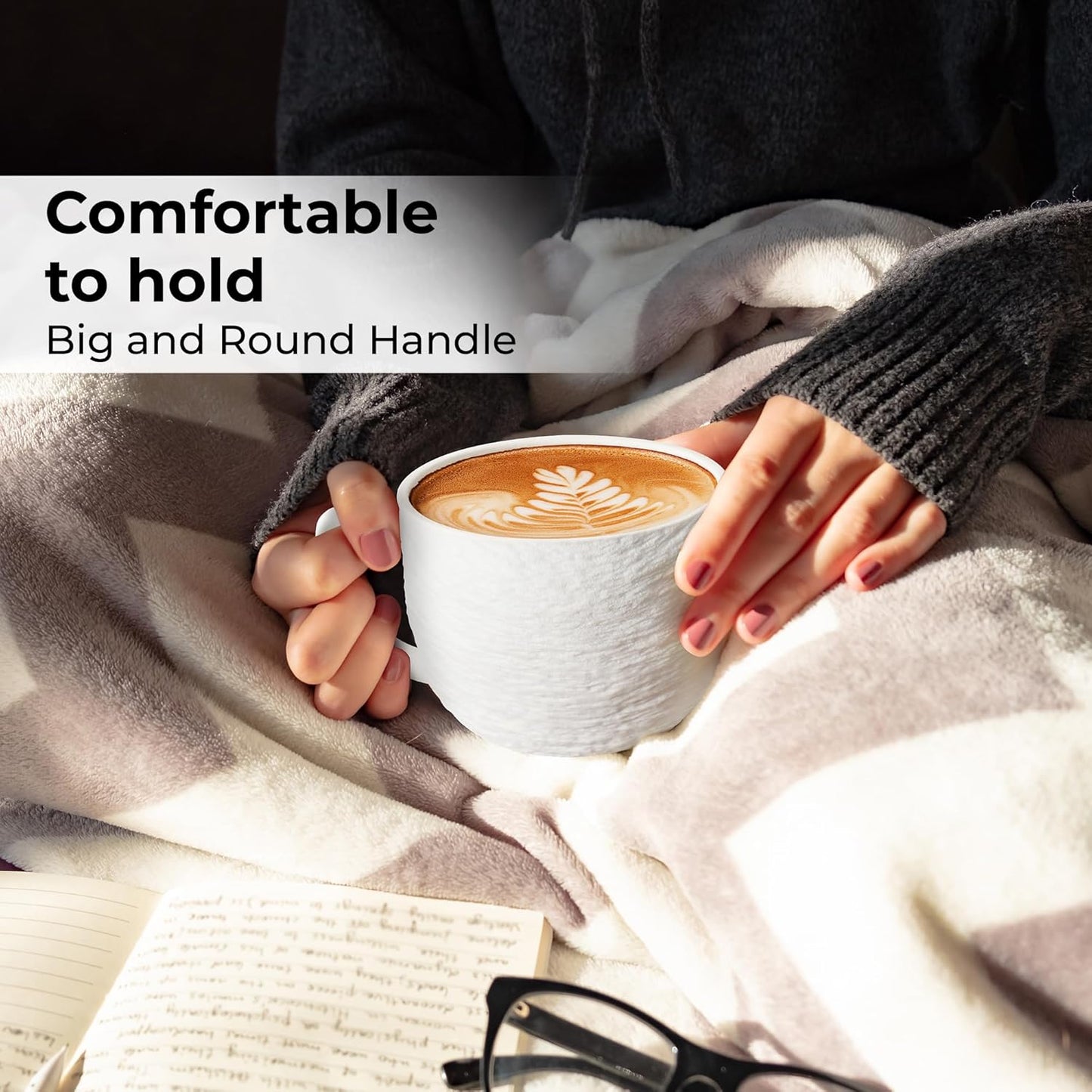 MIAMIO - Coffee Mug Set of 4 x 450 ml Cups/White Mugs Ceramic with Embossed Rock Texture for Coffee, Latte, Tea - Oasis Collection