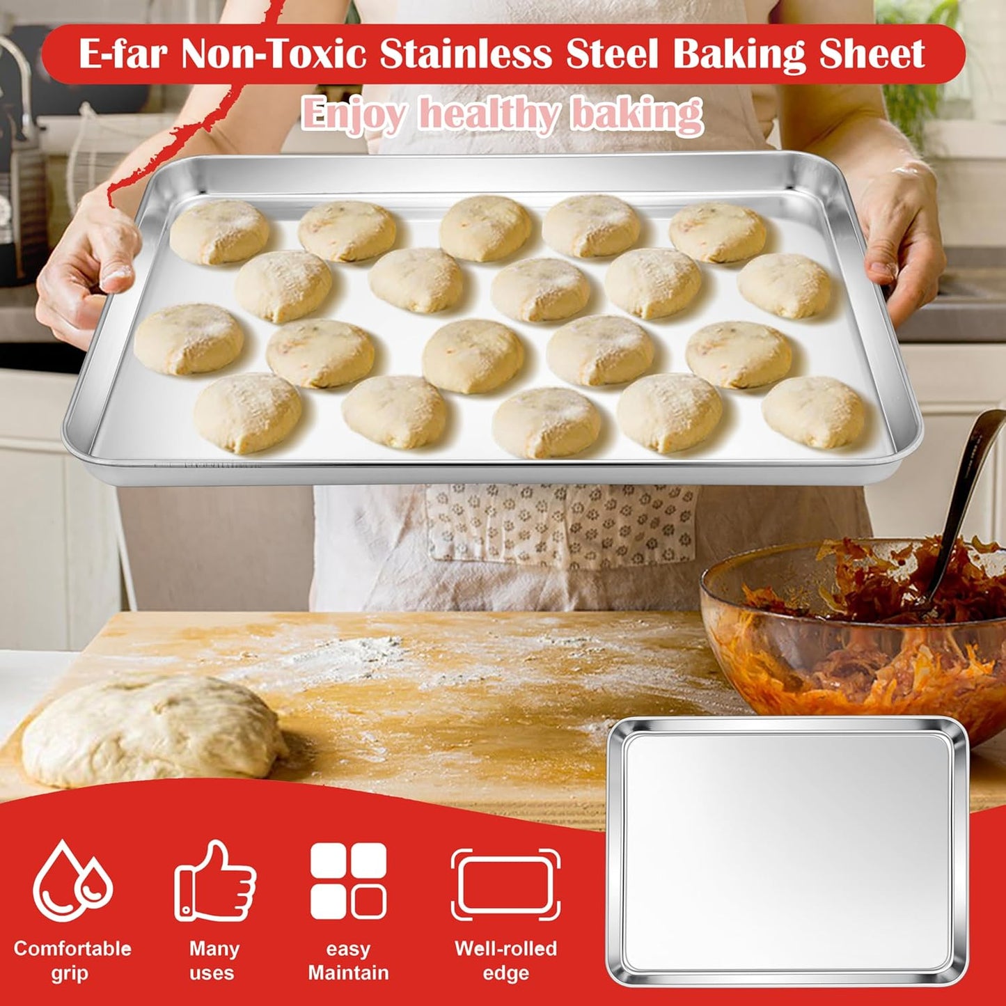 E-far Cookie Sheet for Baking, 18”x13” Stainless Steel Baking Sheet Pan for Oven, Large Non Toxic Metal Baking Tray for Cake Cookies, Healthy & Rust Free, Mirror Finish & Dishwasher Safe, 1 Pack