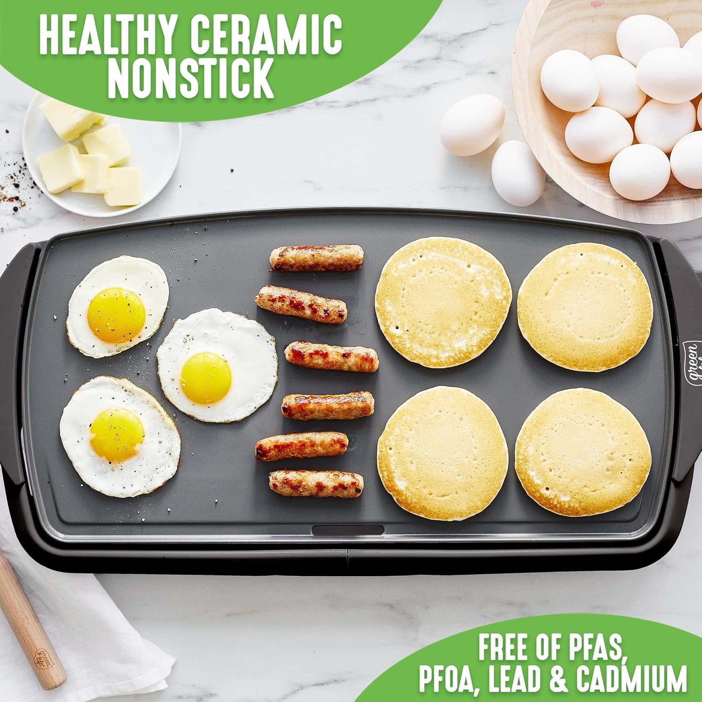 GreenLife 20” Extra Large Electric Griddle, Non-Toxic PFAS & PFOA-Free Ceramic Nonstick, Temperature Control, Quick Even Heating, Removable Drip Tray, Pancakes, Eggs, Sausage, Easy Clean, Black
