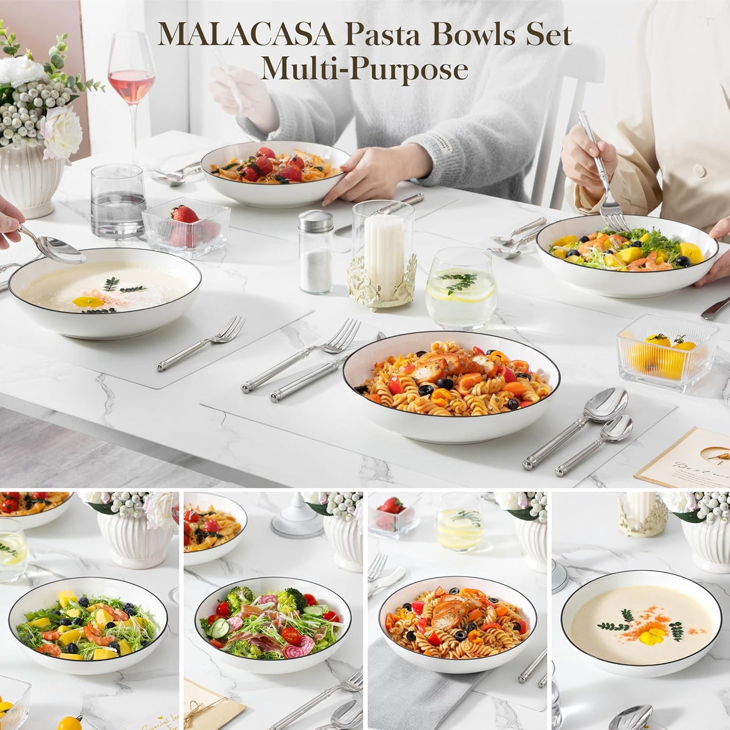 MALACASA 8.85" Large Pasta Bowls, 42 OZ White Salad Bowls Soup Bowls, Porcelain Serving Bowls Set of 4, Ivory White & Black Rim, Microwave & Dishwasher Safe, Series REGULAR