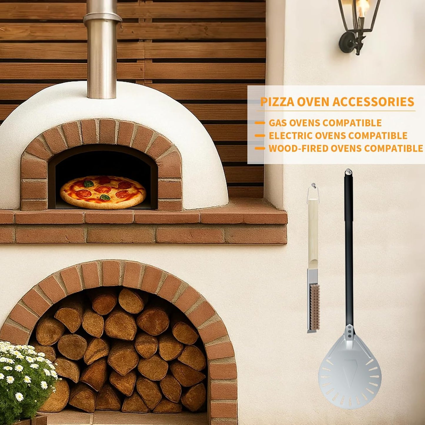 Yofuly 9 Inch Pizza Turning Peel with Oven Brush & Stone Scraper, Perforated Turner Tools Kit for Homemade Baking Pizza, 2PCS Outdoor Pizza Oven Accessories