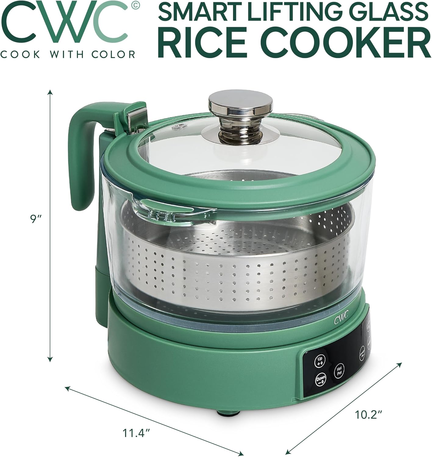 COOK WITH COLOR 3L Glass Low Carb Rice Cooker - Makes 6 Cups Low Sugar Rice with Auto Lift Filter Basket, Hotpot & Steamer for Rice, Grains and Oats, Digital Panel with Keep Warm Function, Dark Sage