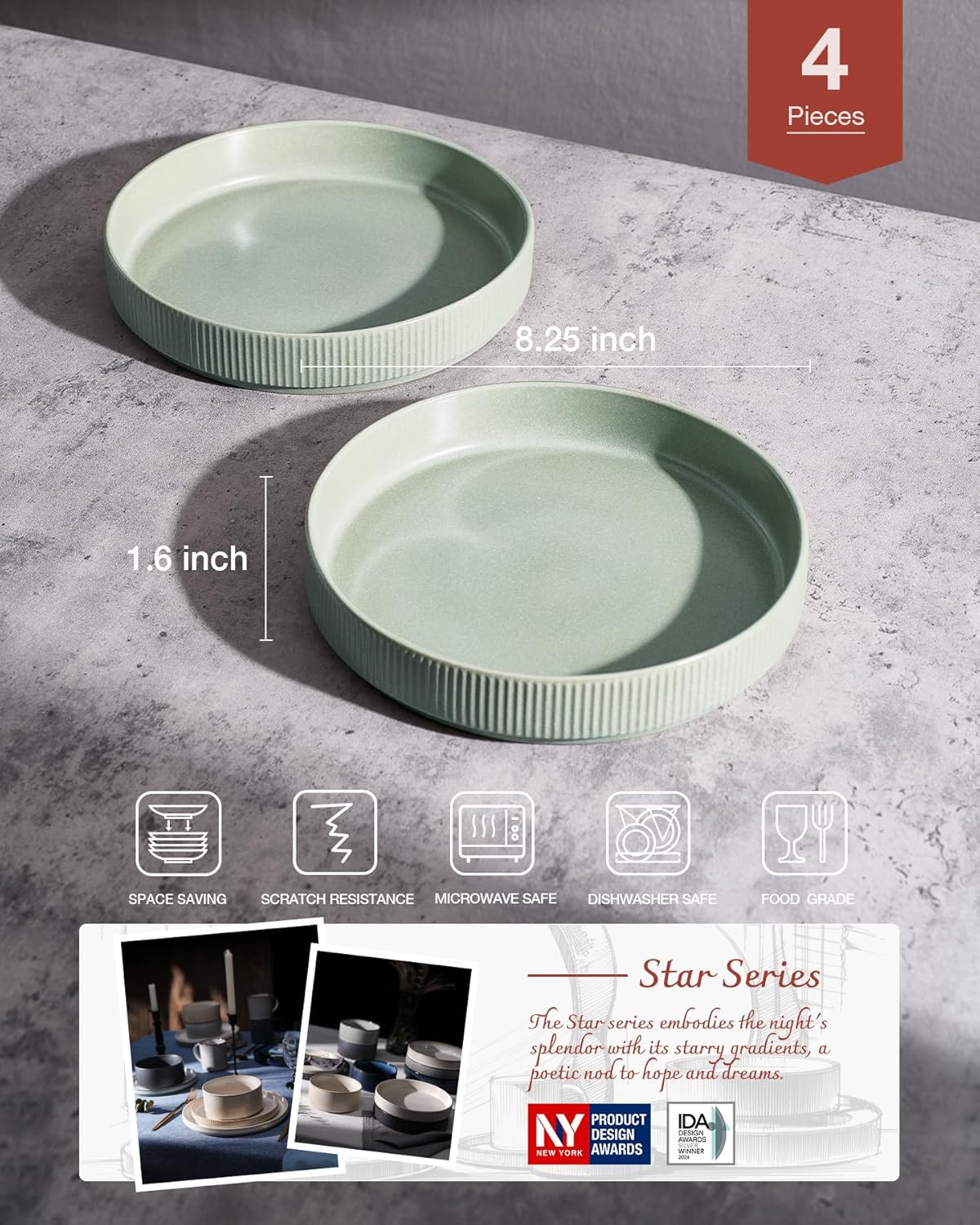 famiware Star 8.25" Pasta Bowls, Large Dinner Bowls Set of 4, Salad Bowl Plates, Shallow Bowls for Eating, Light Green