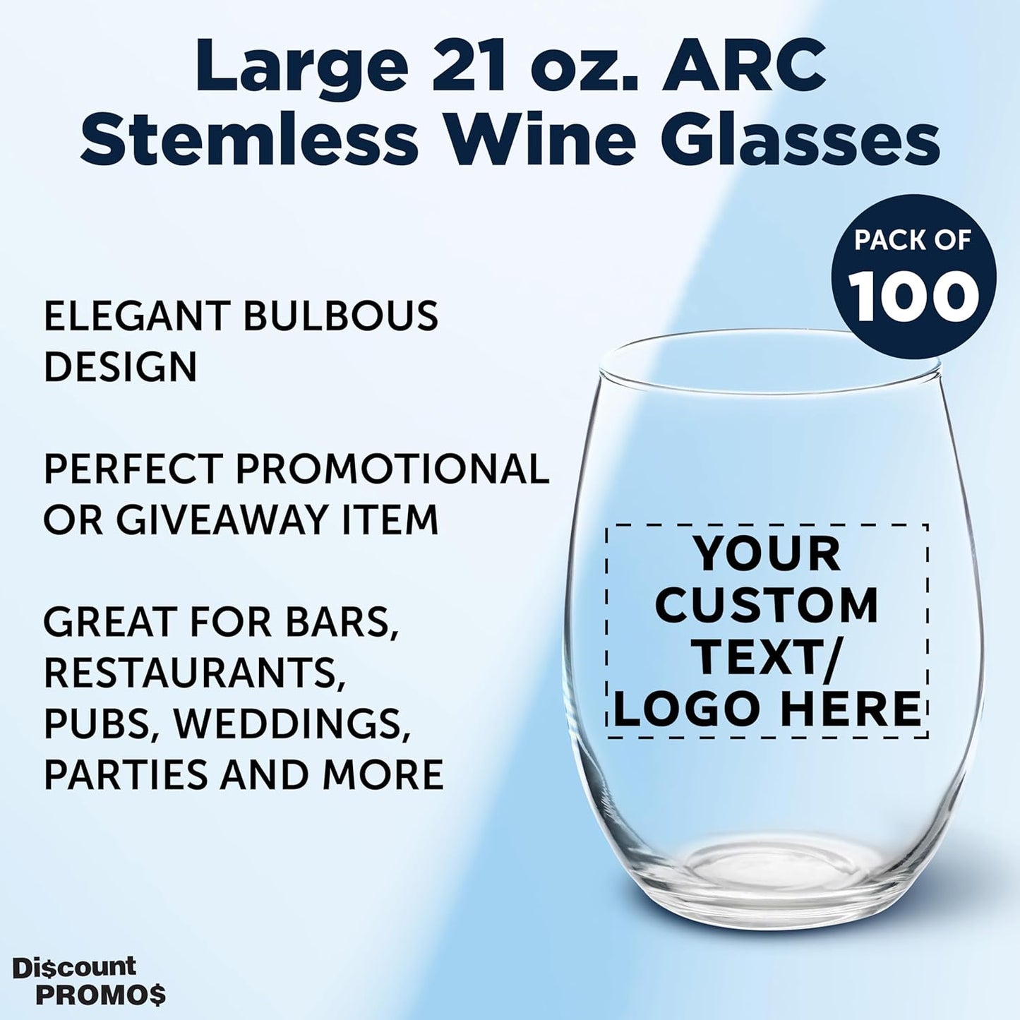 DISCOUNT PROMOS 100 ARC Stemless Wine Glasses Set, 21 oz. - Customizable Text, Logo - Chardonnay, Cabernet, Merlot, Sauvignon - Clear