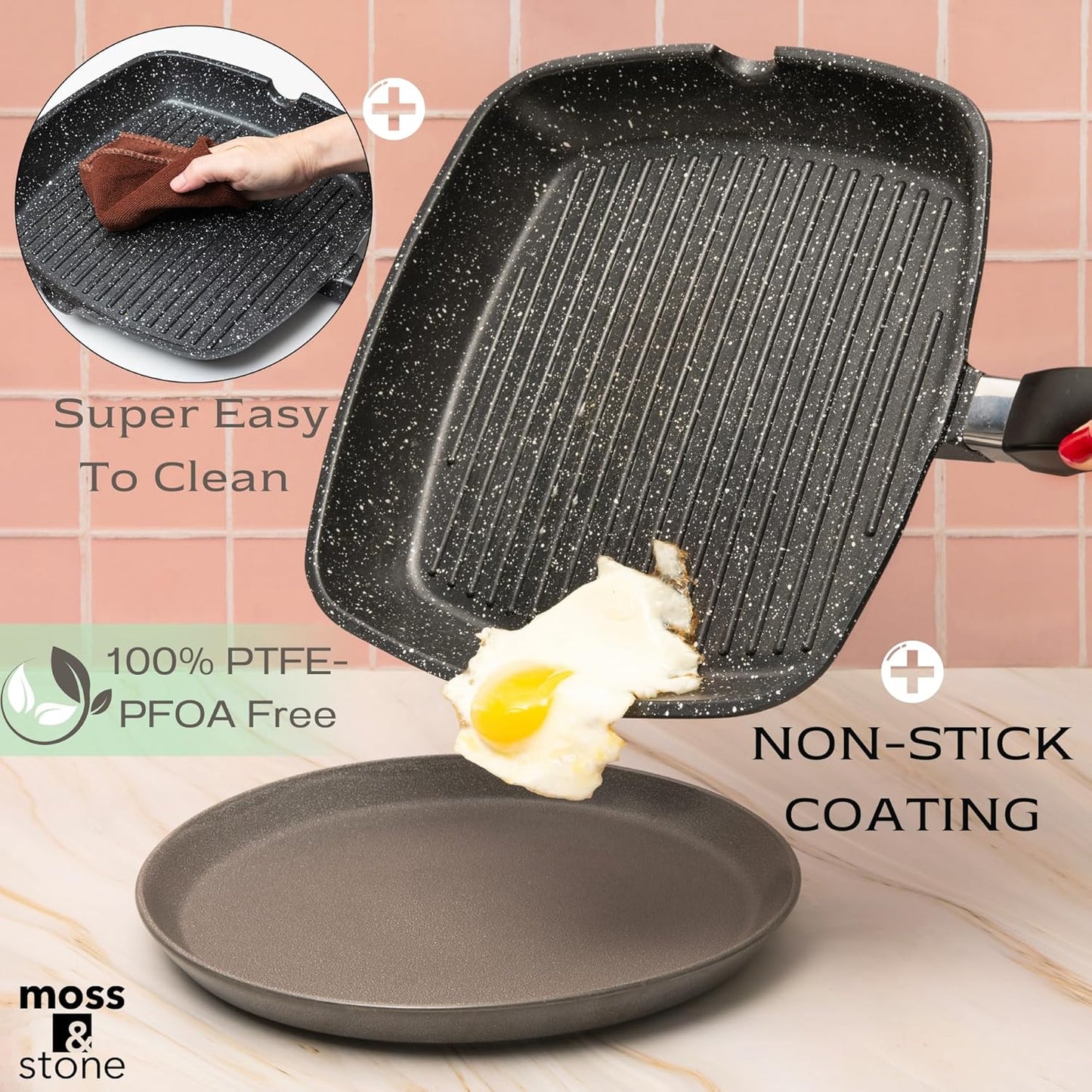 Moss & Stone Aluminum Nonstick Grill Pan for Stove Tops, Versatile Griddle Skillet with Pour Spouts, 11 Inch Square Grill Pan Big Cooking Surface, Durable Skillet For Indoor Cooking & Outdoor Grilling