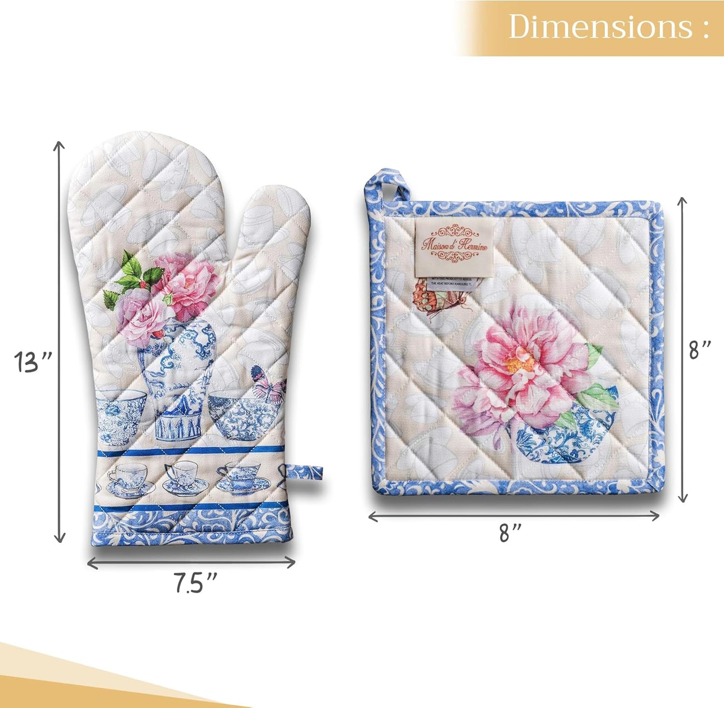 Maison d' Hermine 100% Cotton Oven Mitt & Pot Holder Set (7.5"x13" & 8"x8") Heat Resistant BBQ Cooking Gloves with Loop, Baking, Grilling, Kitchen, Handling Hot Pans Spring/Summer (Canton)