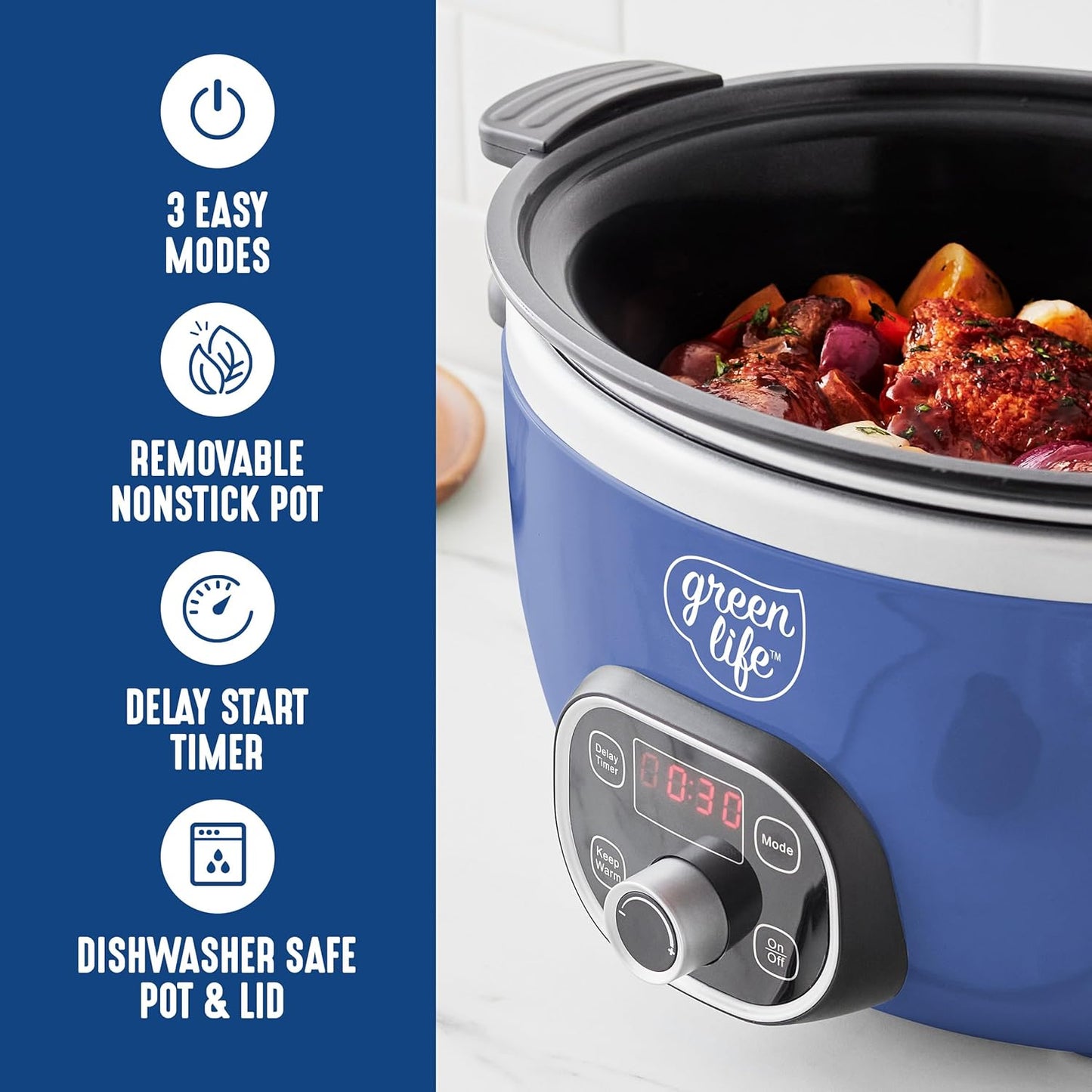 GreenLife 6QT Slow Cooker, Non-Toxic PFAS-Free Ceramic Nonstick Removable Interior Bowl, Programmable, Family Friendly, Keep Warm, Stovetop & Oven Safe, Dishwasher Safe Parts, Timer, Glass Lid, Blue